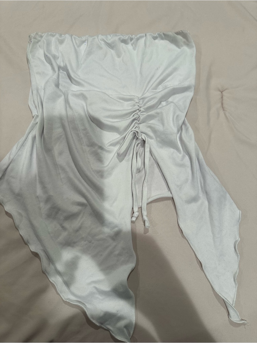 White Ruched Strapless Handkerchief Top